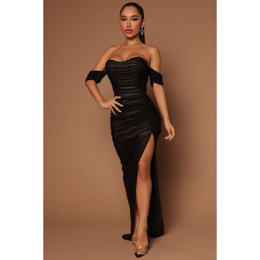 Black Ruched Off Shoulder Mesh Gown Slit Evening‎ Formal Dress L